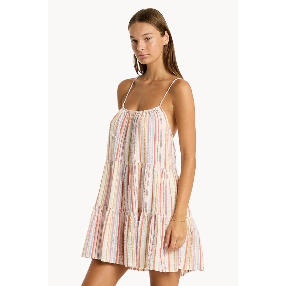 Anthropologie dRA Women Cotton‎ Mini Dress Striped Metallic Tiered Babydoll Boho